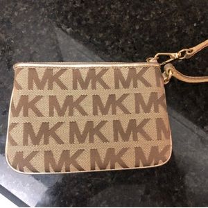 Gold & beige Michael Kors logo mini wristlet